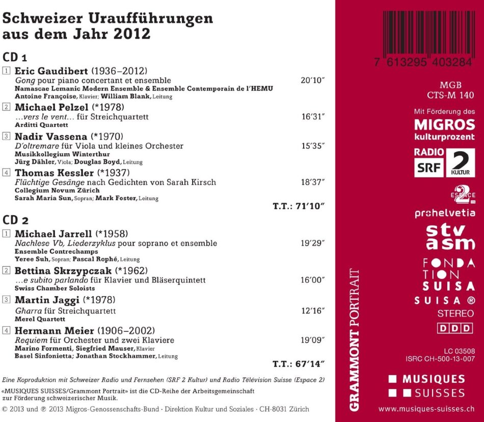 Eric Gaudibert (1936-2012), Michael Pelzel (*1978), Nadir Vassena (*1970), Thomas Kessler (*1937), Michael Jarrell (*1958), … - Schweizer Urauffuehrungen 2012