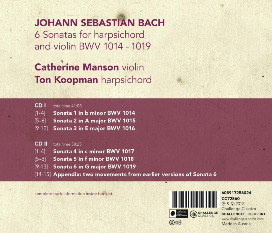 Manson Catherine / Koopman Ton & Johann Sebastian Bach (1685-1750) - 6 Sonaten 2 CDs