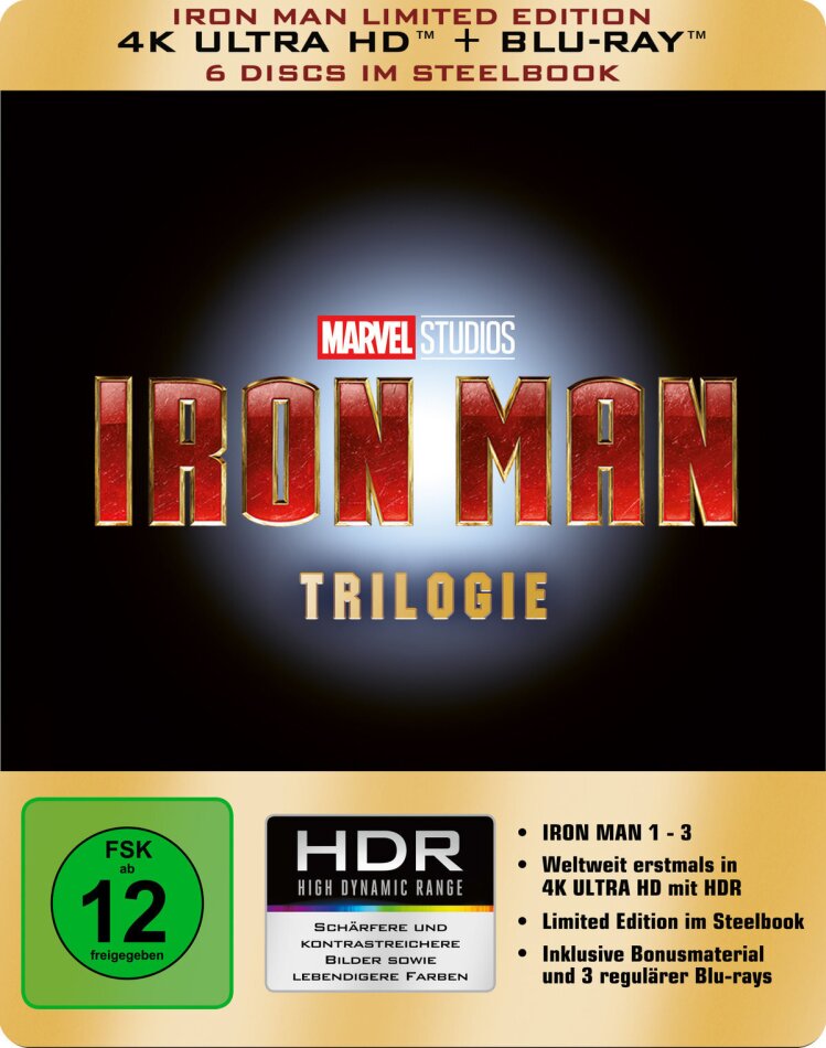 Iron Man Trilogie Limited Edition, Steelbook, 3 4K Ultra HDs + 3 Blu-rays