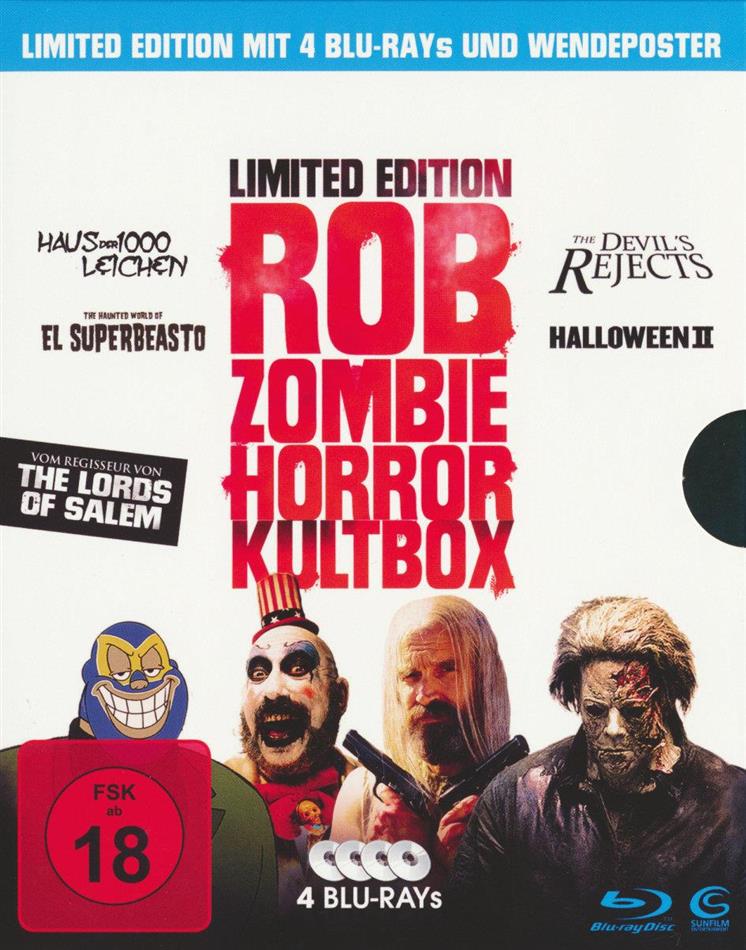 Rob Zombie Horror Kultbox - Haus der 1000 Leichen / Red Zombies El Superbeasto / The Devil's Rejects / Halloween 2 Édition Limitée, 4 Blu-ray