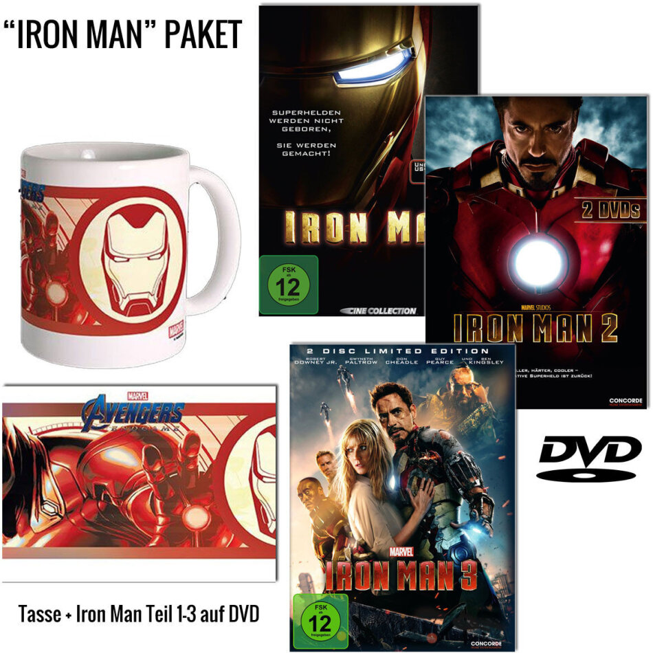 Iron Man Trilogie + Tasse, 3 DVDs
