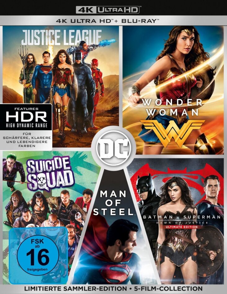 DC Collection 5 Filme - Justice Legue / Wonder Woman / Batman v Superman - Dawn of Justice / Man of Steel / Suicide Squad Sammler Edition, Edizione Limitata, 5 4K Ultra HDs + 5 Blu-ray