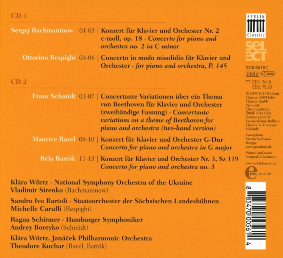 Sergej Rachmaninoff (1873-1943), Ottorino Respighi (1879-1936), Franz Schmidt (1784-1939), Maurice Ravel (1875-1937) & Béla Bartók (1881-1945) - Great Piano Concertos 2 CDs