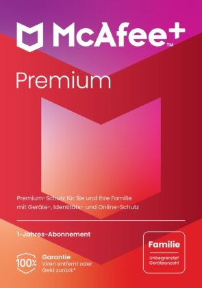 McAfee+ Premium- Familie, Virenschutz- und Internet-Sicherheitssoftware f&uuml;r eine unbegrenzte Anzahl an Ger&auml;ten (Windows/Mac/Android/iOS) - 1-Jahres-Abonnement (Code in a Box)